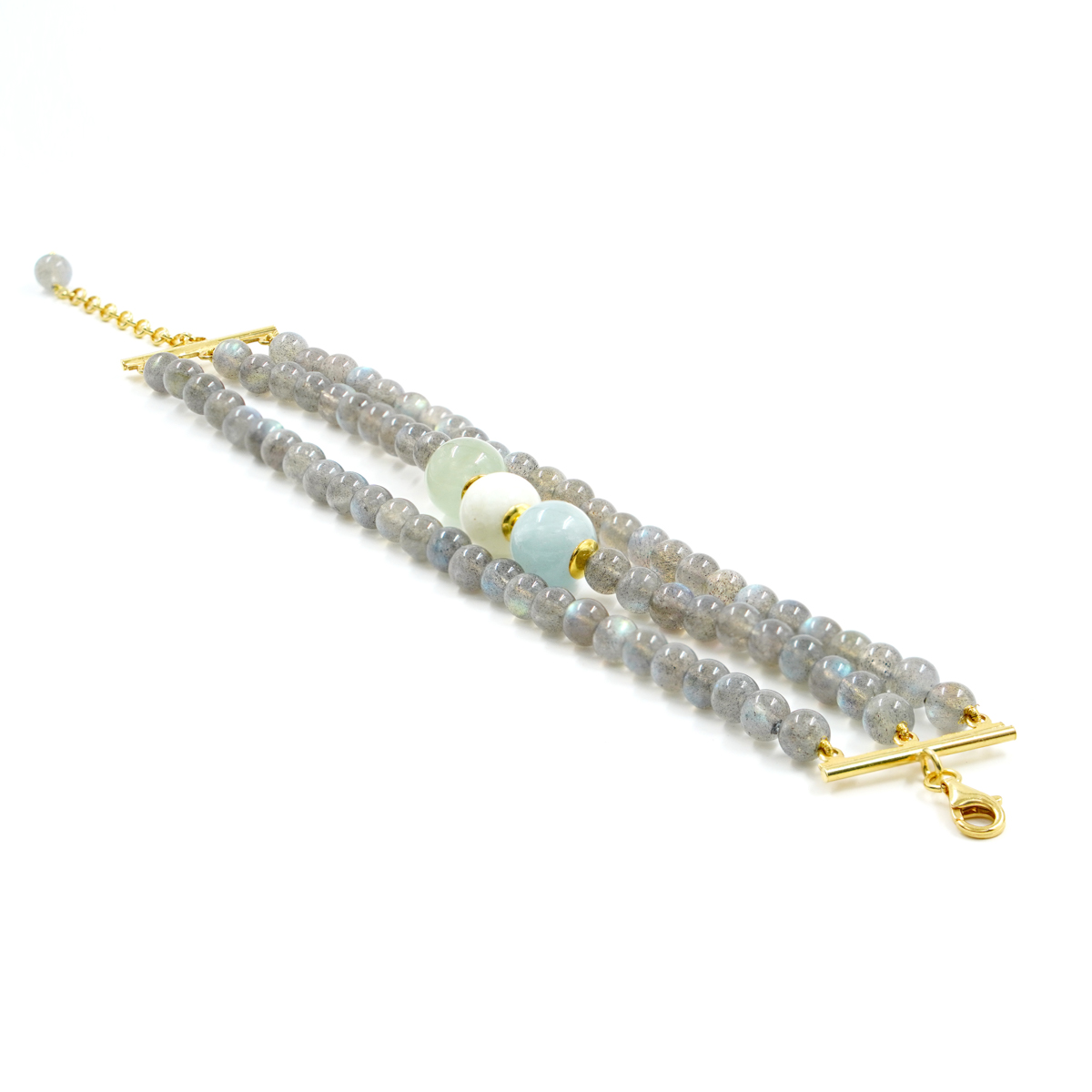 Bracciale con labradorite, acquamarina, chiusura in argento - Dorato