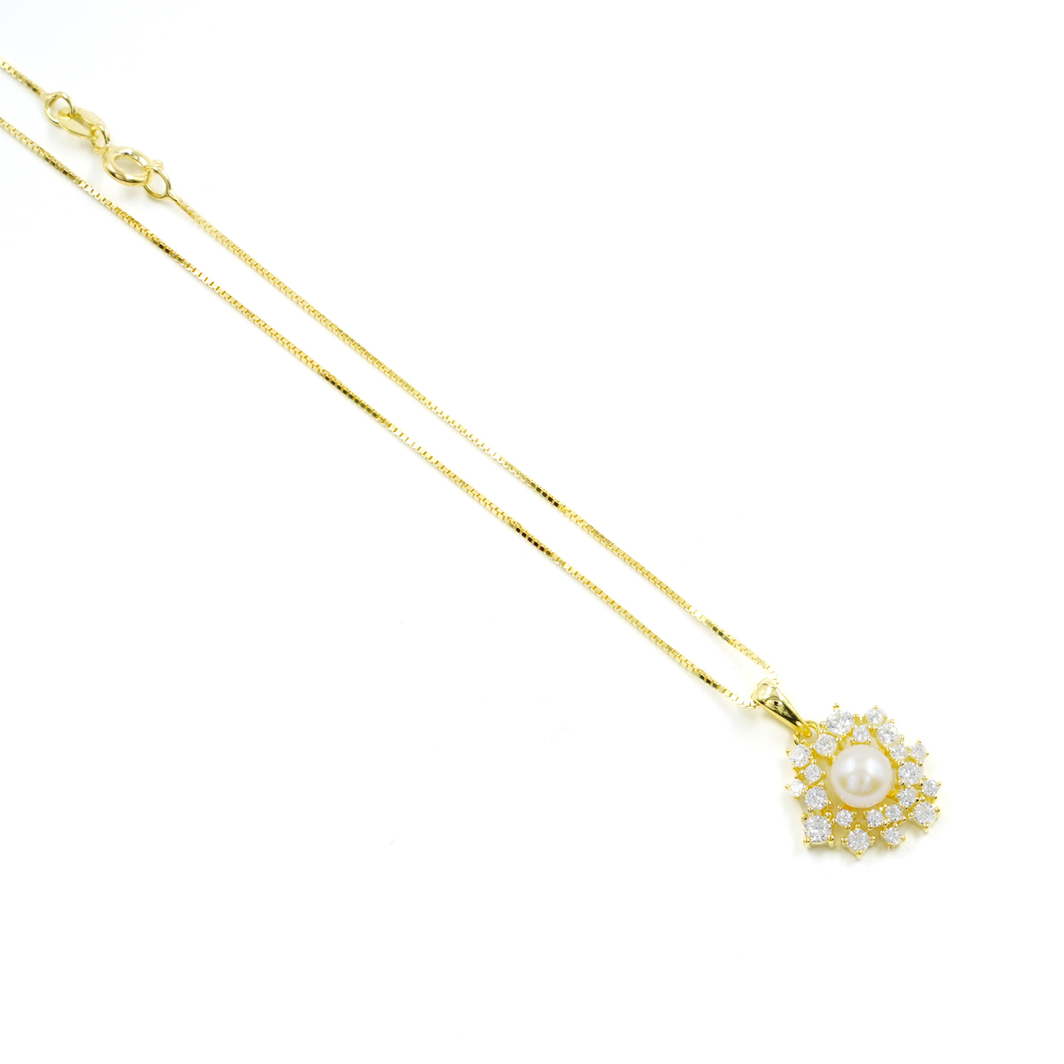 Sterling Silver Necklace with white zircons and pearls – Golden Color