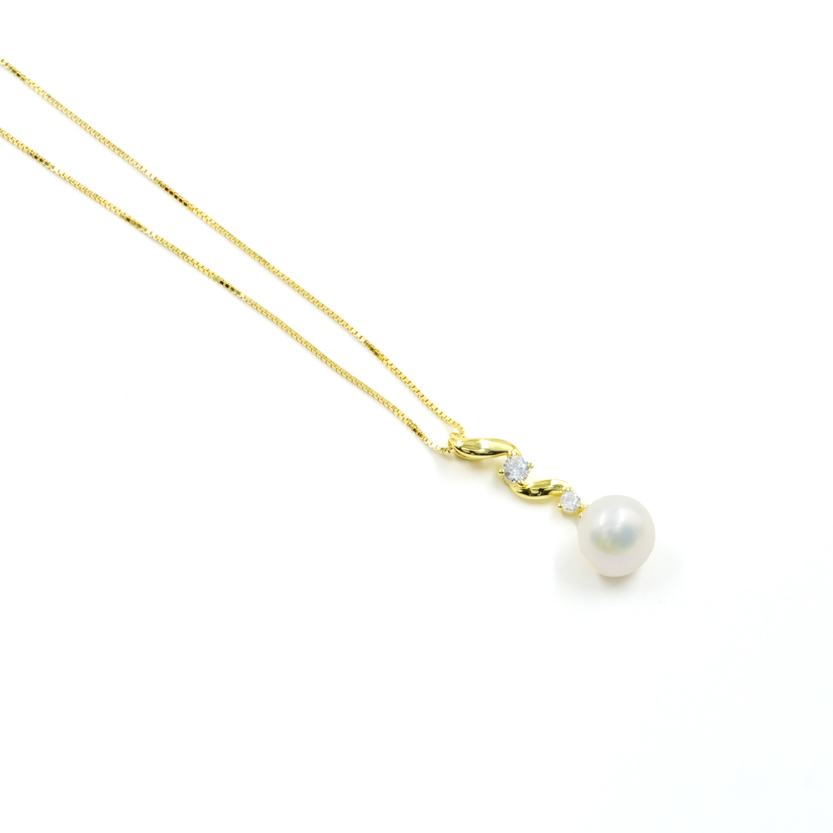 Sterling Silver Necklace comma shape with white zircons and pearls – Golden Color