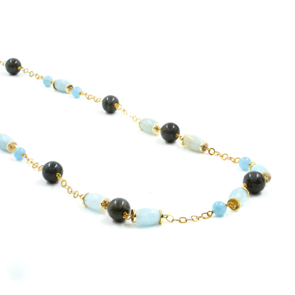 Necklace with aquamarine, labradorite and sterling silver clasp