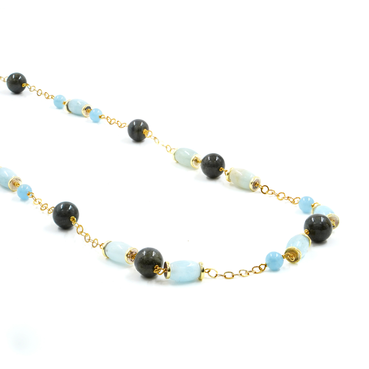 Necklace with aquamarine, labradorite and sterling silver clasp