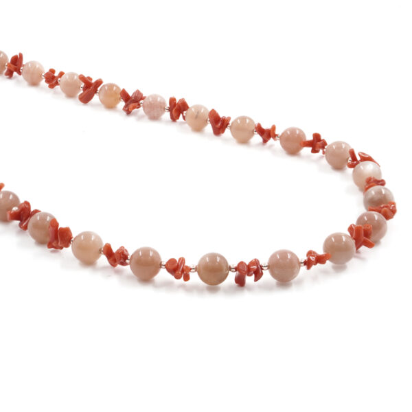 Necklace with rose moonstone, coral, sterling silver clasp – Rose Color