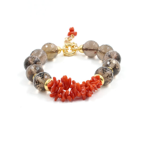 Bracelet with smoky quartz, coral, sterling silver clasp – Golden Color