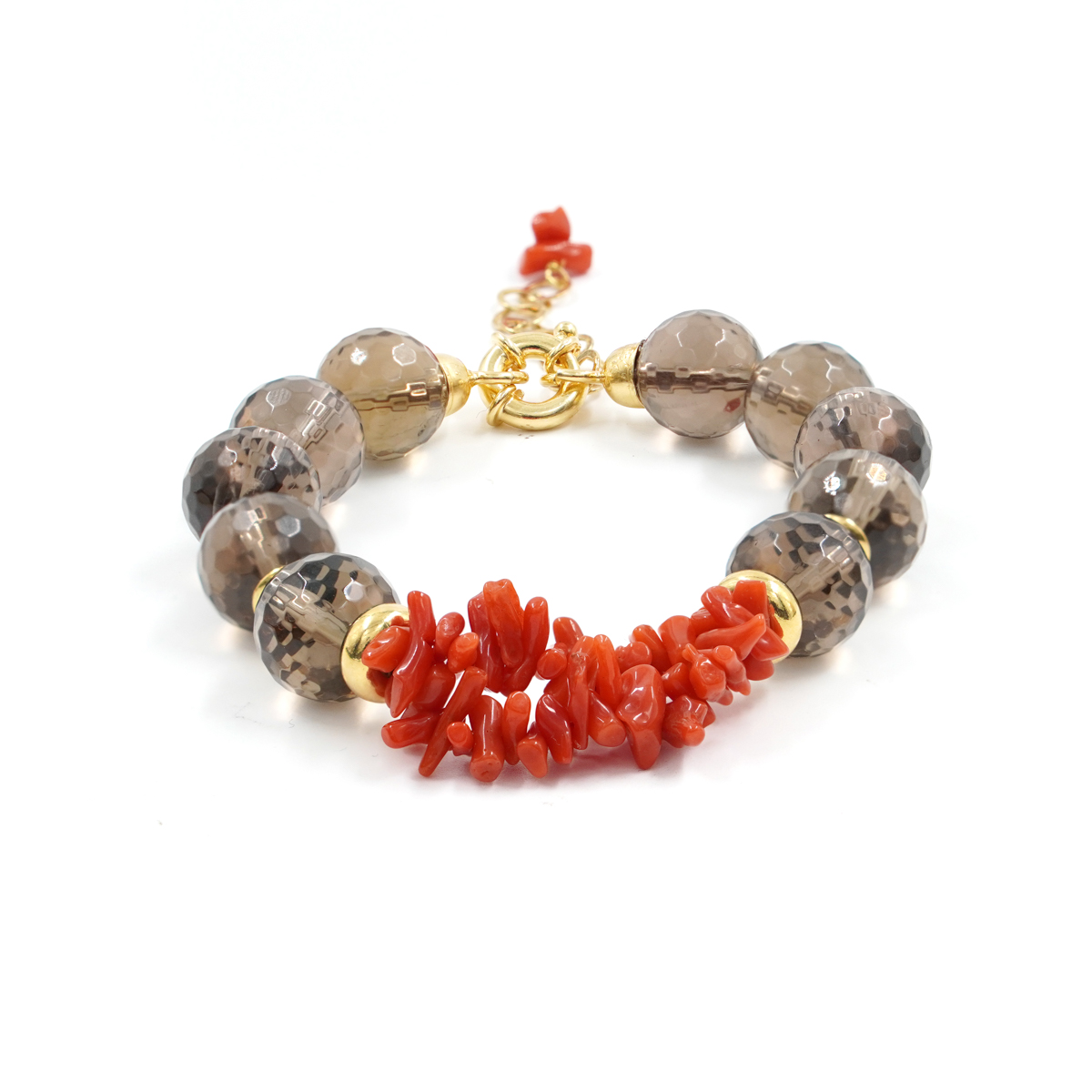 Bracciale con quarzo fumè, corallo, chiusura in argento – Dorato