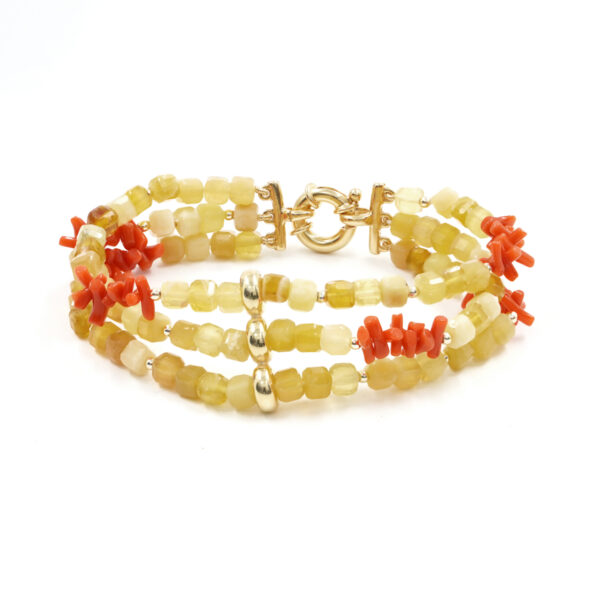 Multistrands Bracelet with yellow opal, coral, hematite, sterling silver clasp - Golden Color