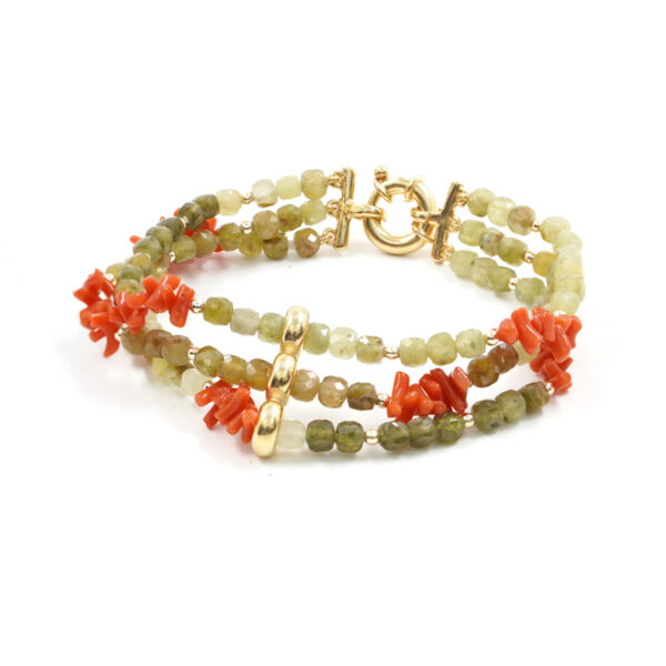 Multistrands Bracelet with green garnet, coral, hematite, sterling silver clasp - Golden Color