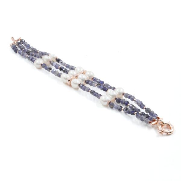 Multistrands Bracelet with iolite, pearl, hematite, sterling silver clasp – Rose Color