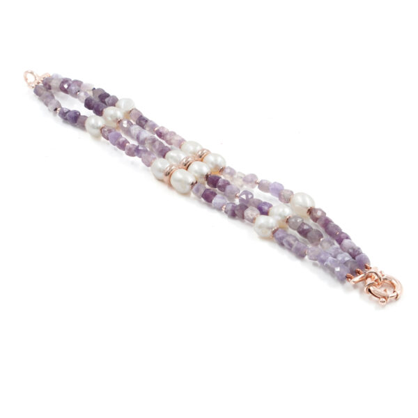 Multistrands Bracelet with violet tourmaline, pearl, hematite, sterling silver clasp – Rose Color
