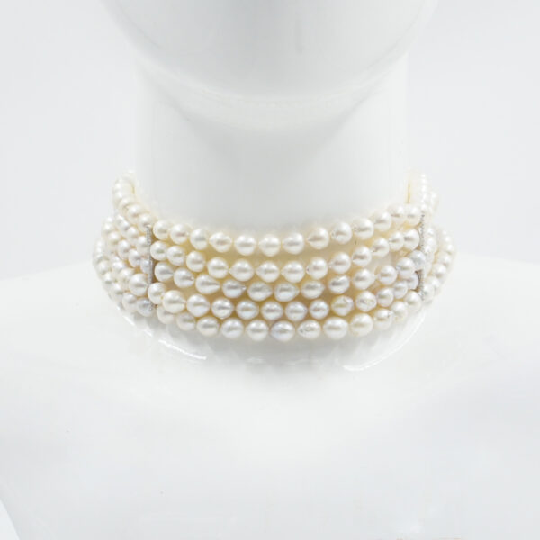 Multistrands Choker Necklace with pearl drop shape sterling silver clasp – Rhodium color