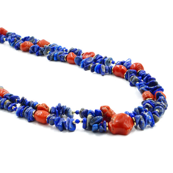 Multistrands Necklace with lapis lazuli chips, coral, hematite, sterling silver clasp - Golden Color