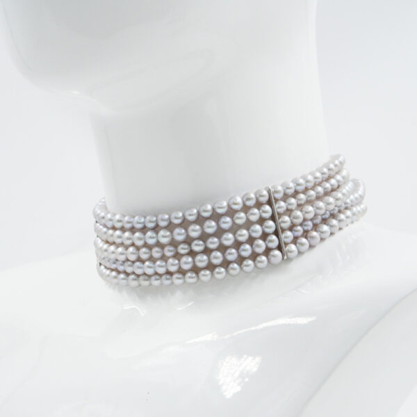 Multistrands Choker Necklace with grey pearl, sterling silver clasp – Rhodium Color