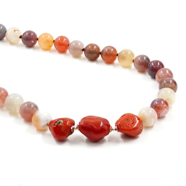 Necklace with coral, red Botswane agate, hematite, sterling silver clasp – Rose Color