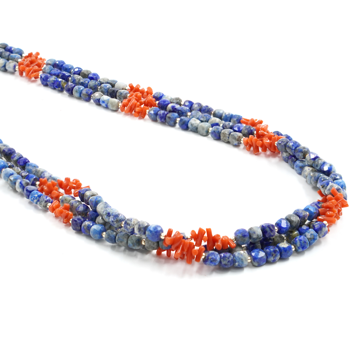 Collana Multifilo con lapis, corallo, ematite, chiusura in argento - Dorato