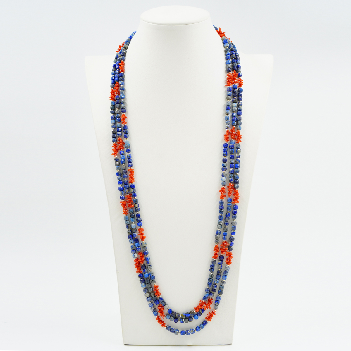 Collana Multifilo con lapis, corallo, ematite, chiusura in argento - Dorato - immagine 2