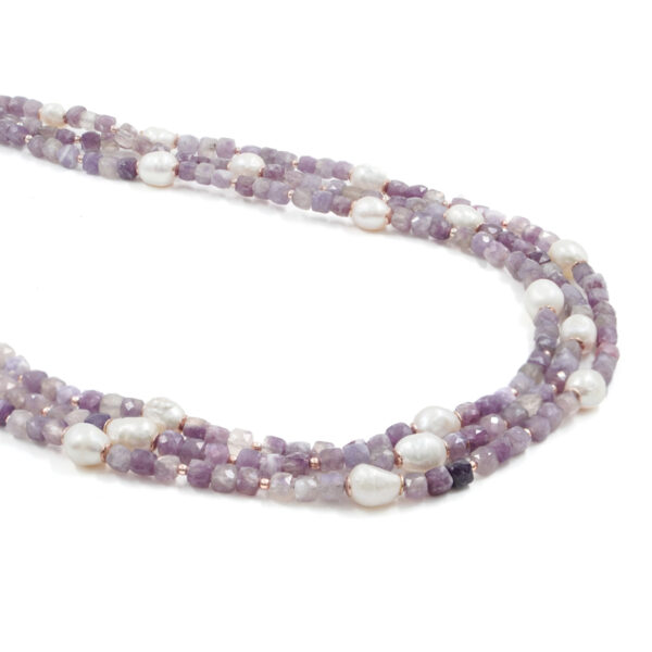 Multistrands Necklace with violet tourmaline, pearl, hematite, sterling silver clasp – Rose Color
