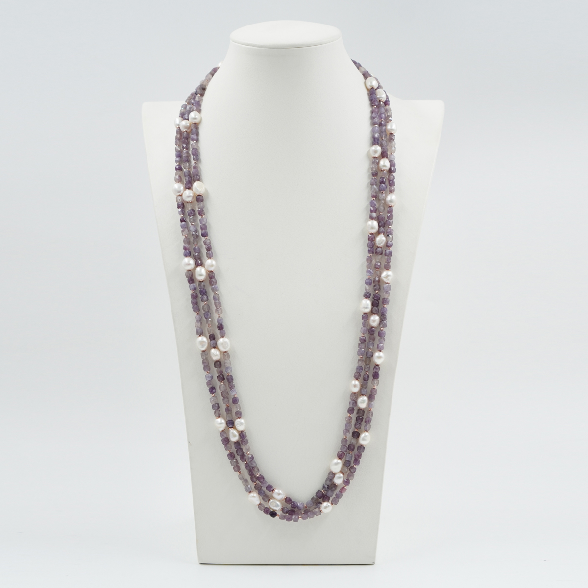 Collana Multifilo con tormalina viola, perla, ematite, chiusura in argento – Rosè - immagine 2