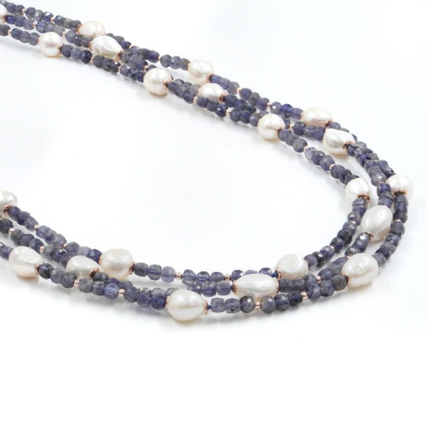 Multistrands Necklace with iolite, pearl, hematite, sterling silver clasp – Rose Color