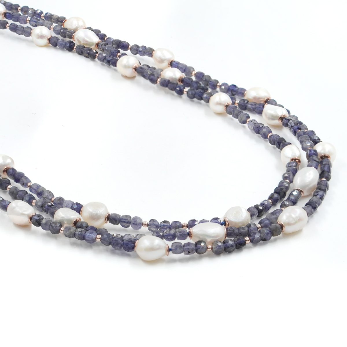 Collana Multifilo con iolite, perla, ematite, chiusura in argento – Rosè