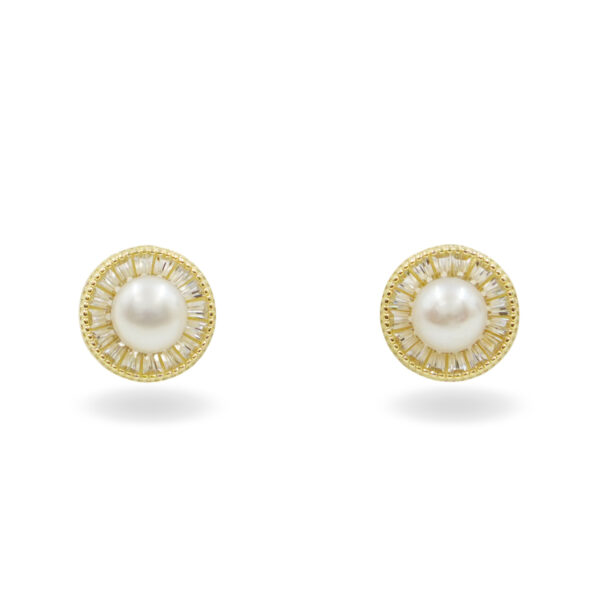 Sterling Silver Earrings round shape with pearls and zircons – Golden Color