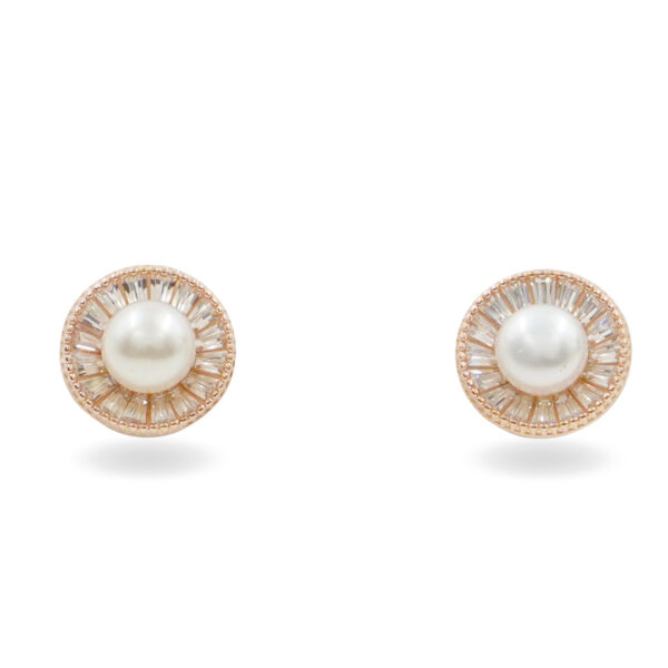 Sterling Silver Earrings round shape with pearls and zircons – Rose Color