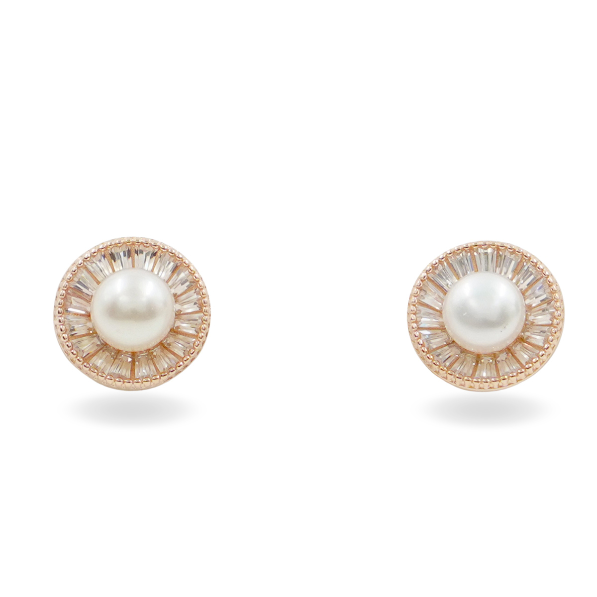 Sterling Silver Earrings round shape with pearls and zircons – Rose Color