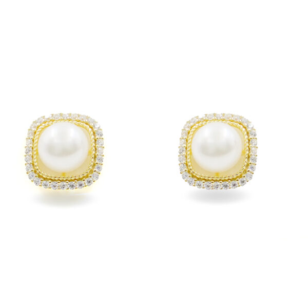 Sterling Silver Earrings square shape with pearls and zircons – Golden Color