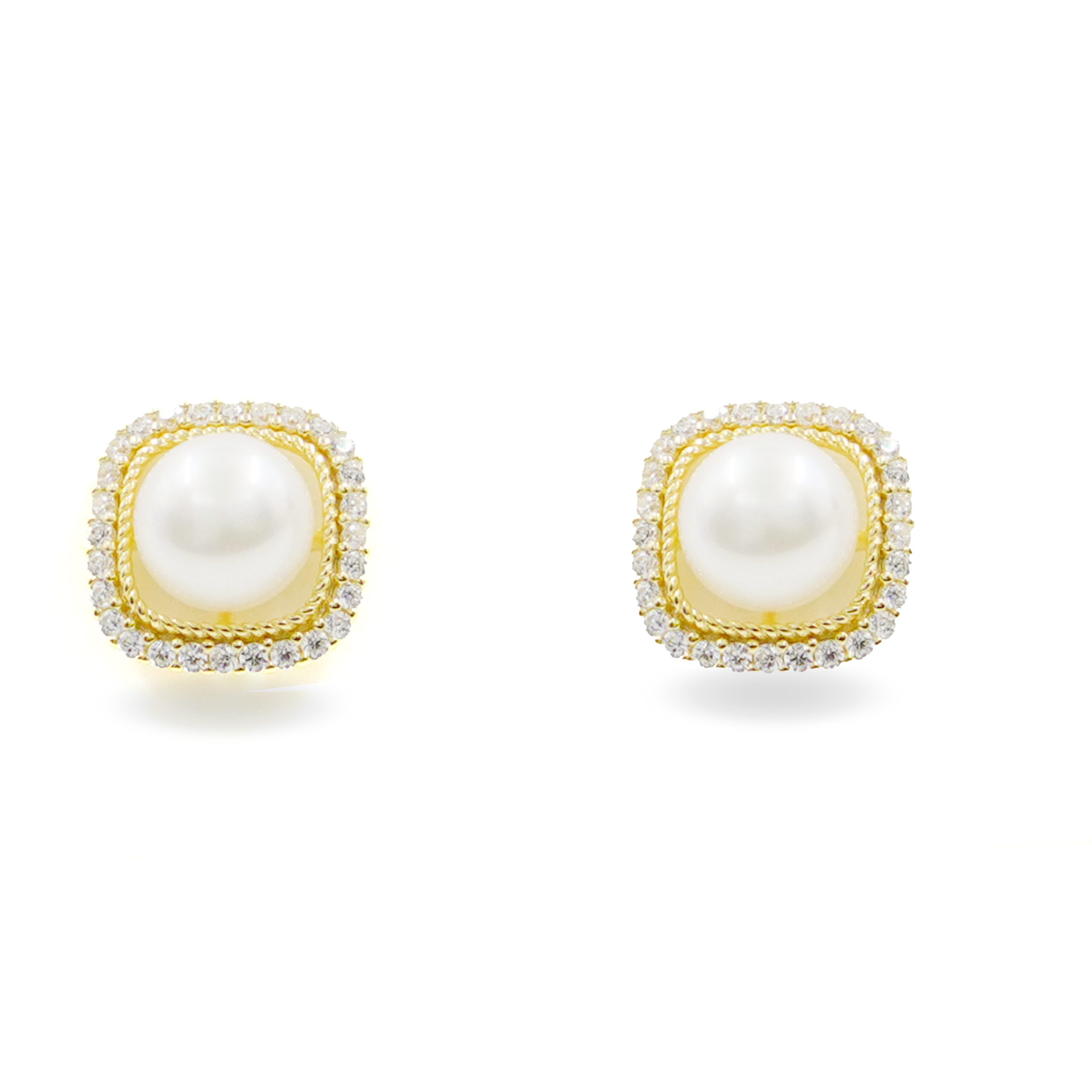 Sterling Silver Earrings square shape with pearls and zircons – Golden Color