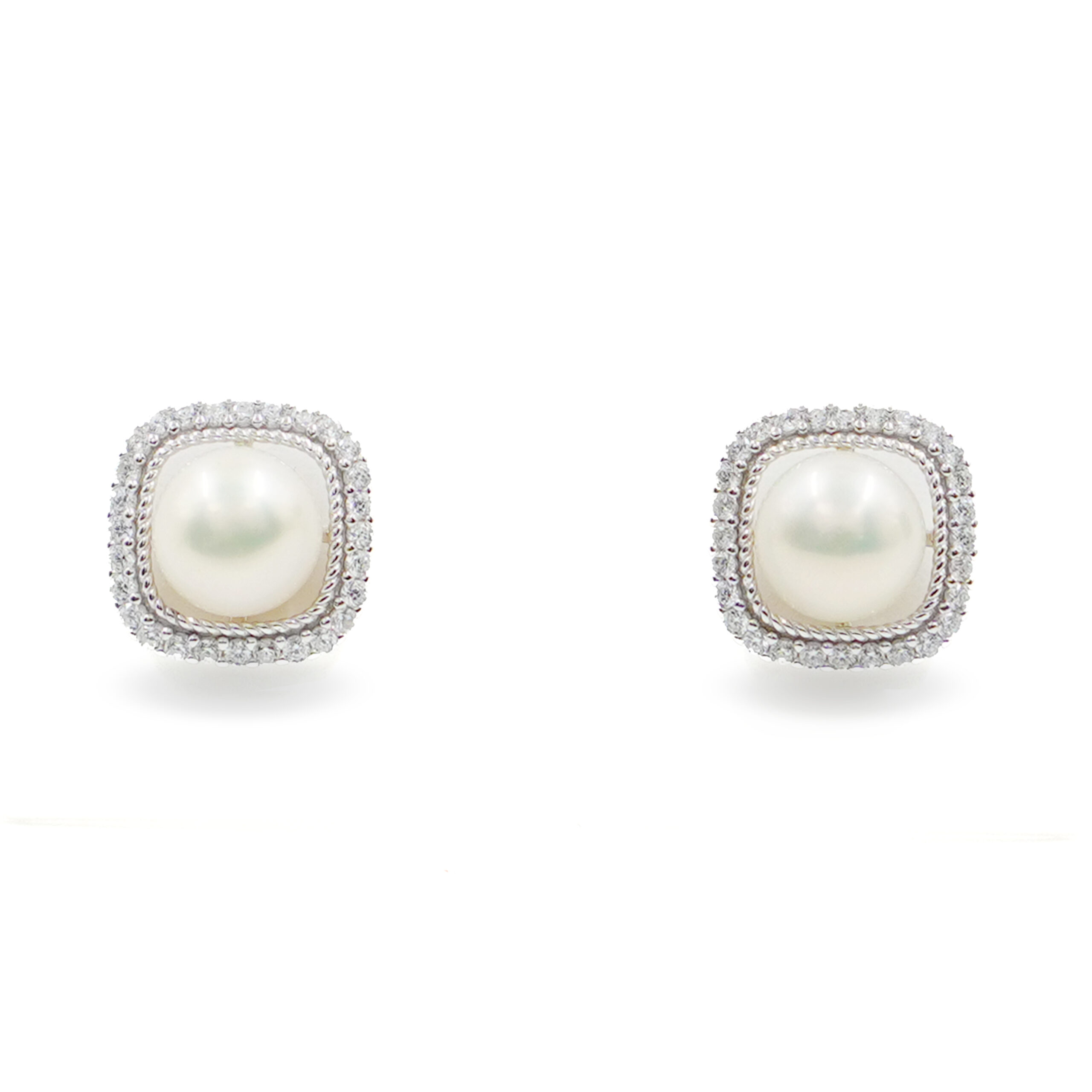 Sterling Silver Earrings square shape with pearls and zircons – Rhodium Color