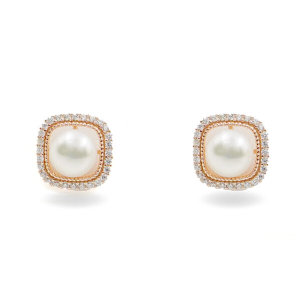 Sterling Silver Earrings square shape with pearls and zircons – Rose Color