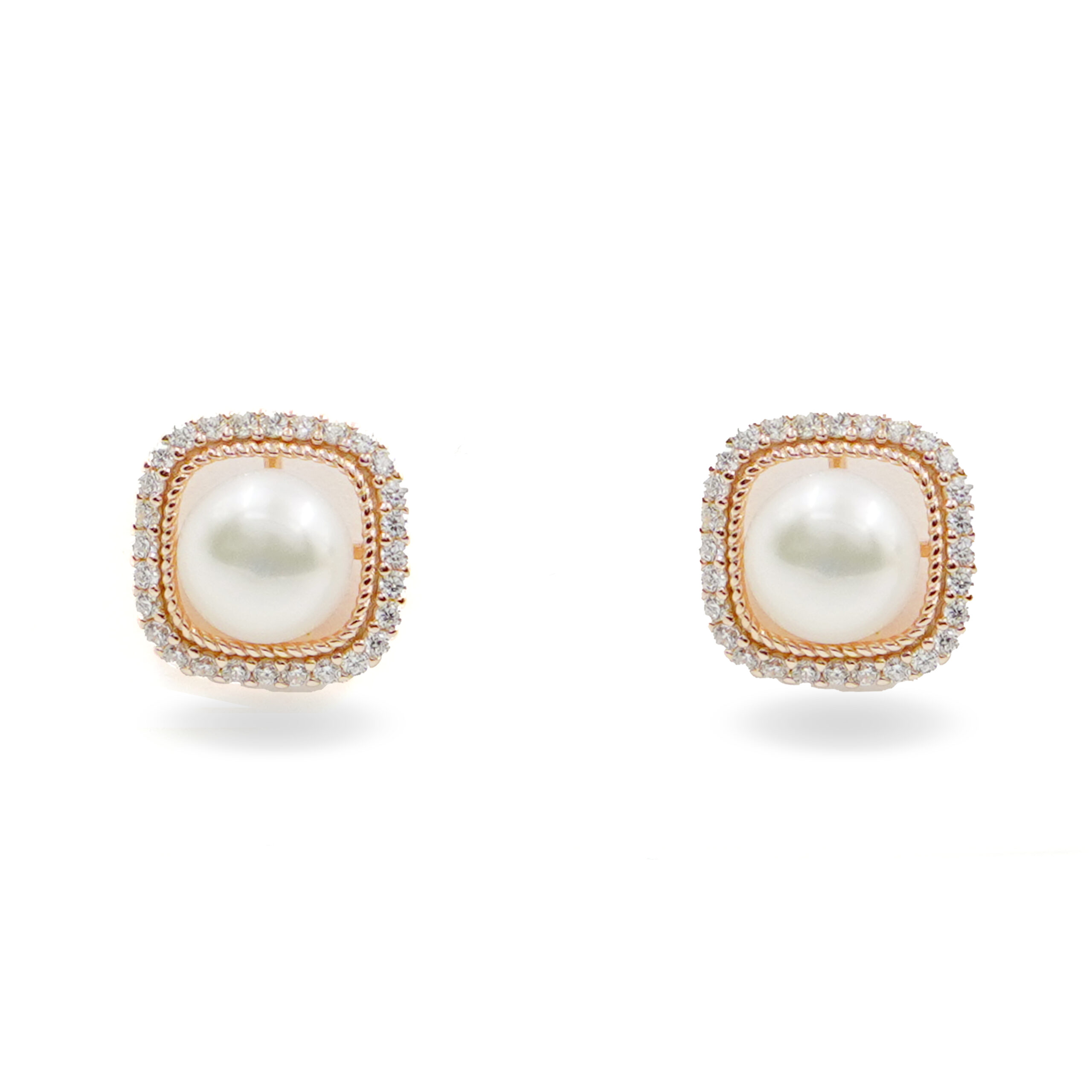 Sterling Silver Earrings square shape with pearls and zircons – Rose Color