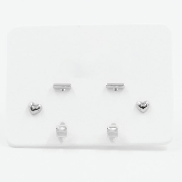 Sterling Silver Earrings Set heart, cube and bar elements – Rhodium Color