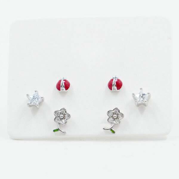 Sterling Silver Earrings Set enamelled lucky charm and zircons – Rhodium Color