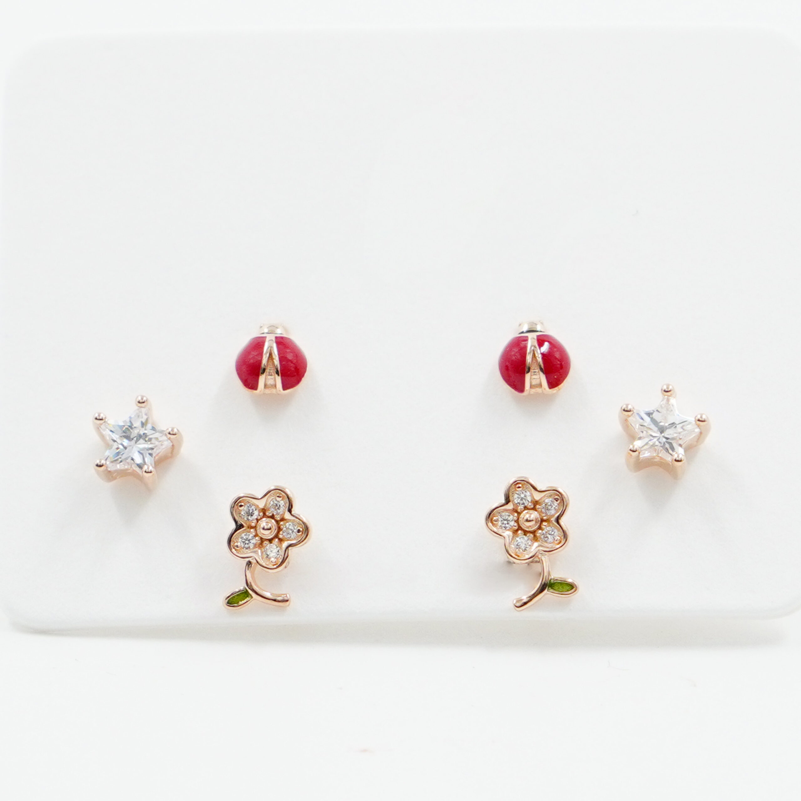 Sterling Silver Earrings Set enamelled lucky charm and zircons – Rose Color