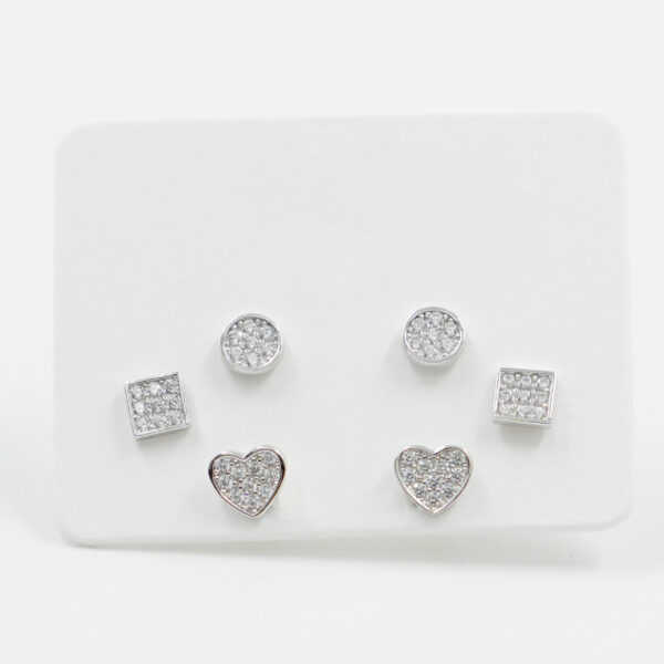 Sterling Silver Earrings Set heart, square and round element with zircons – Rhodium Color