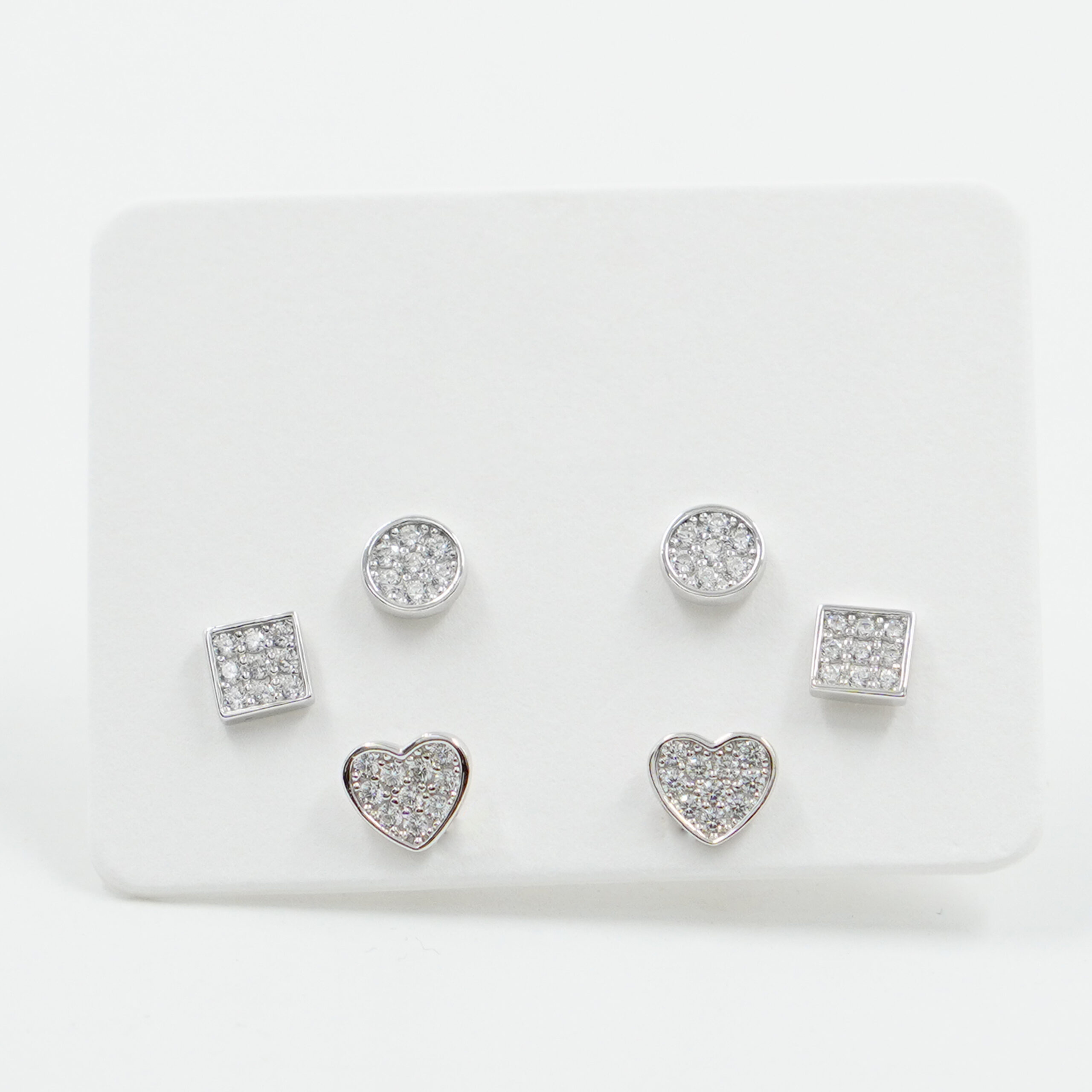 Sterling Silver Earrings Set heart, square and round element with zircons – Rhodium Color