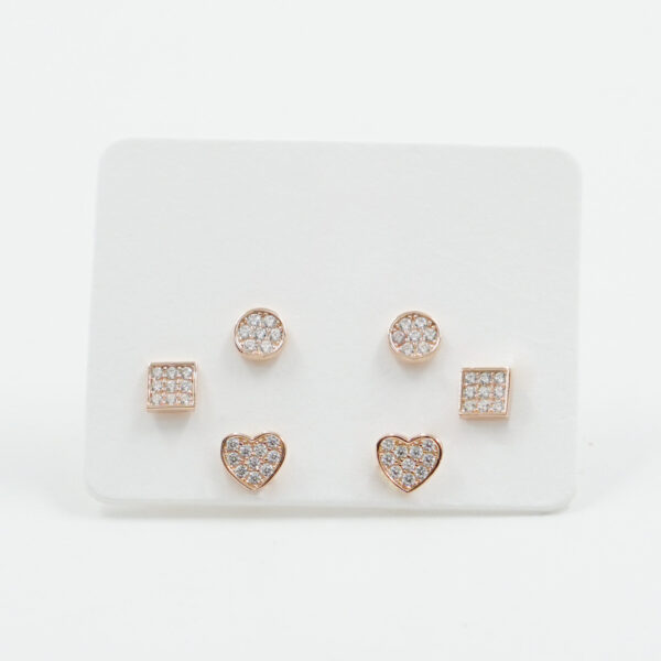 Sterling Silver Earrings Set heart, square and round element with zircons – Rose Color