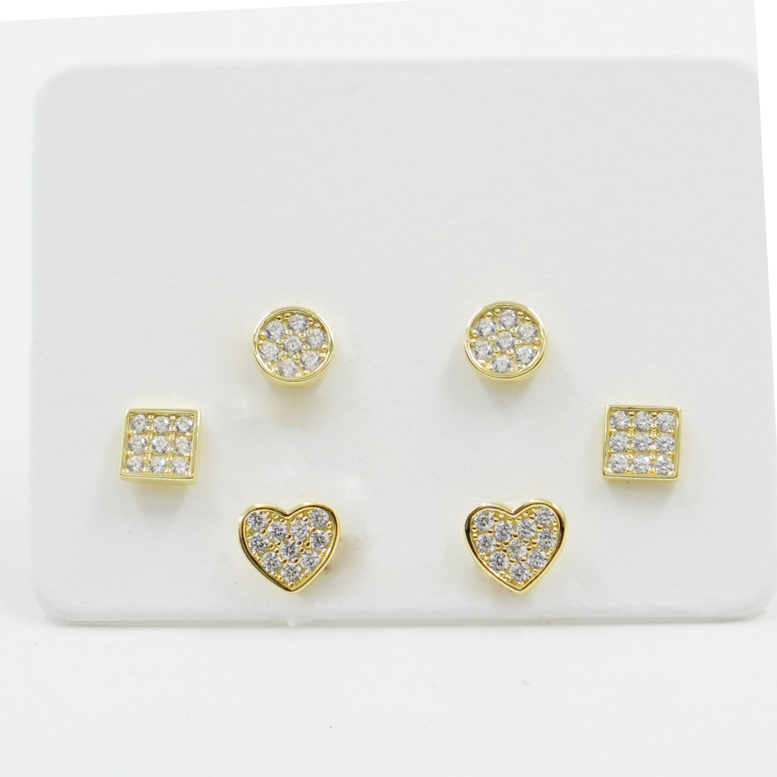 Sterling Silver Earrings Set heart, square and round element with zircons – Golden Color