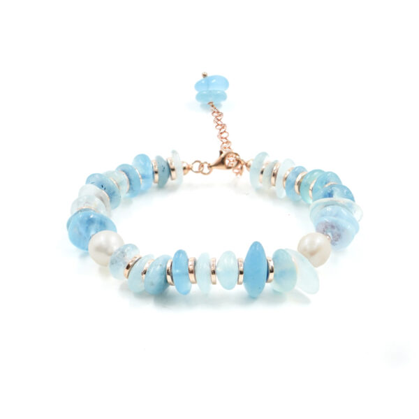 Bracelet with aquamarine, pearl, hematite, sterling silver clasp – Rose Color