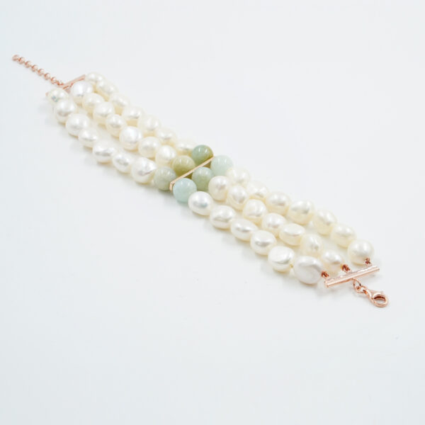 Multistrands bracelet with baroque pearls, aquamarine, sterling silver clasp – Rose Color