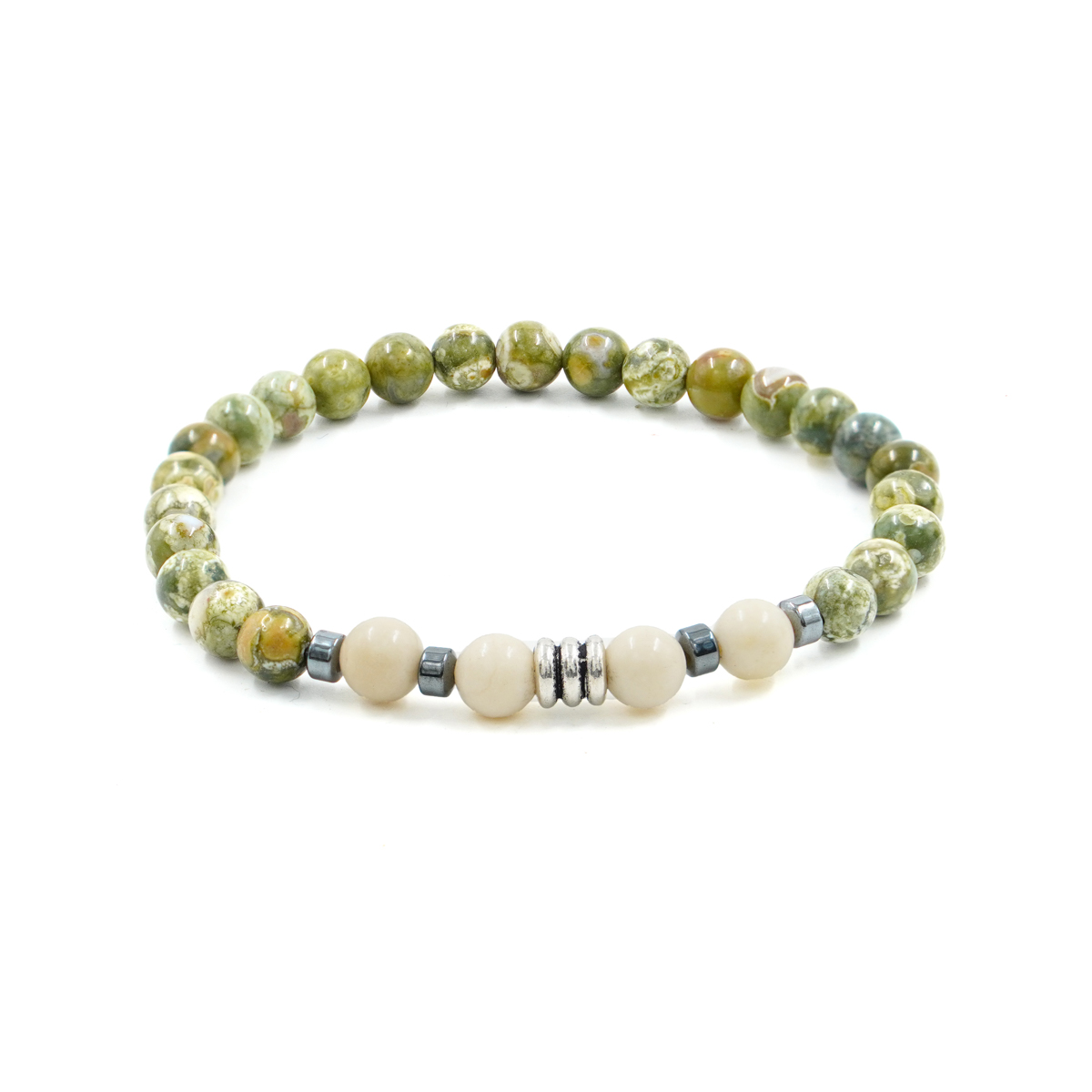 Elastic Bracelet with Rhyolite, Fossil Jasper, hematite, sterling silver element
