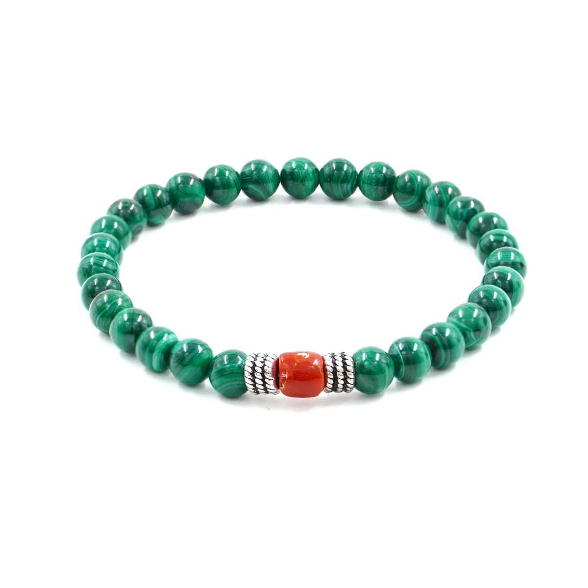 Elastic Bracelet with Malachite, coral, sterling silver element