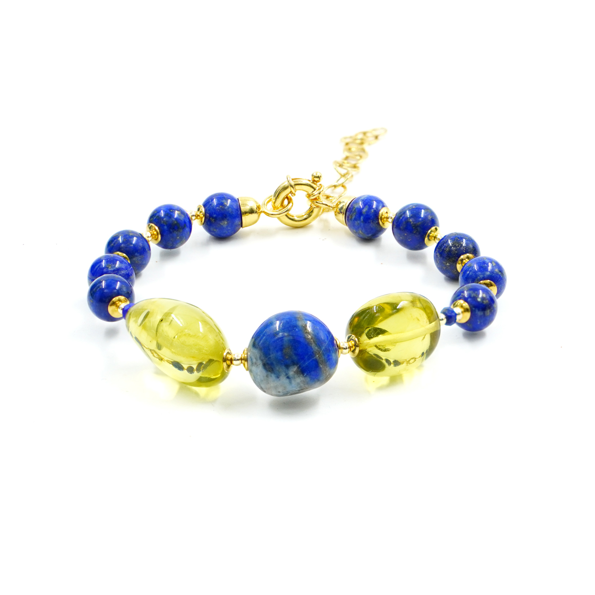 Bracciale con Lapis, Ambra Verde Colombiana, ematite, chiusura in argento - Dorato