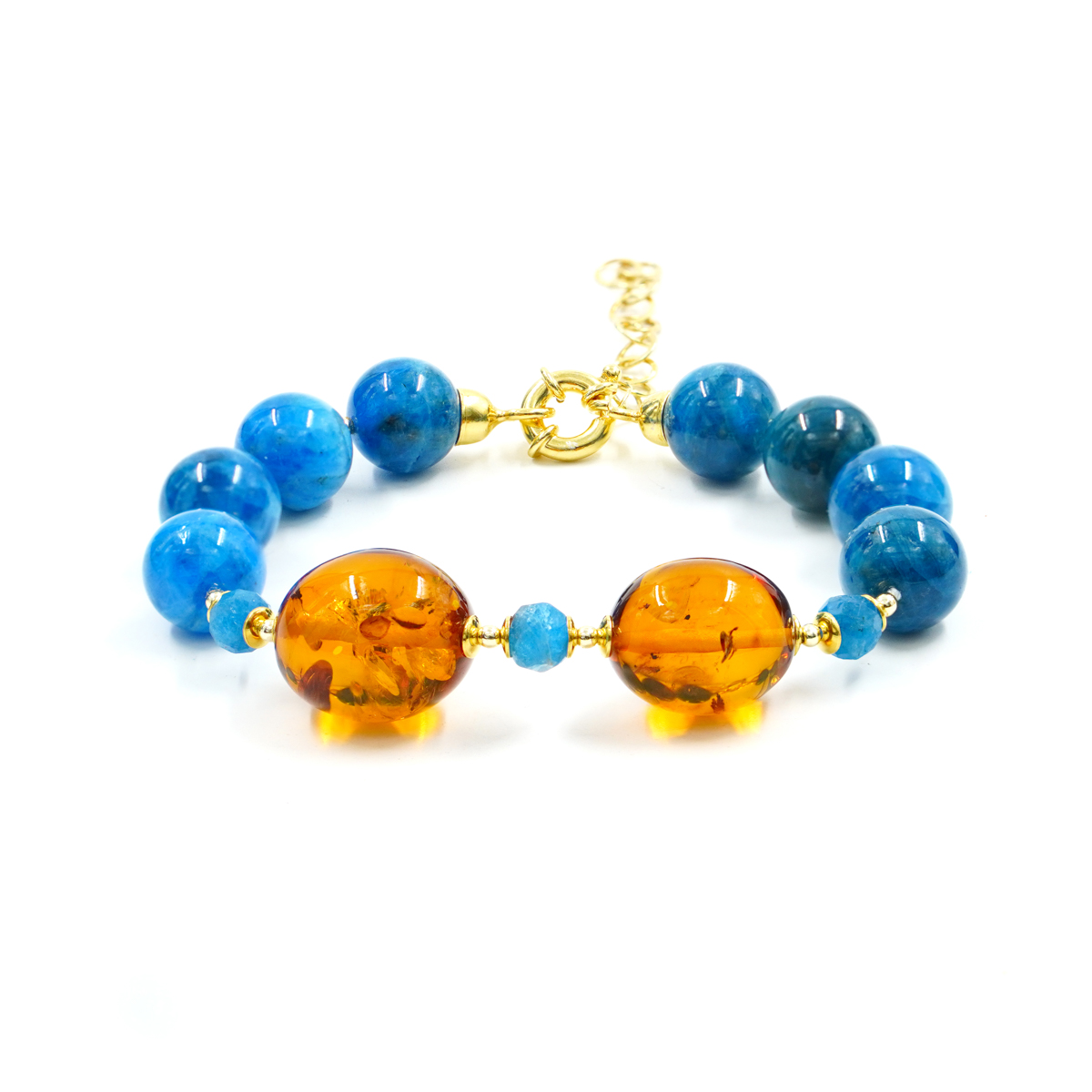 Bracciale con Apatite, Ambra Cognac, ematite, chiusura in argento - Dorato