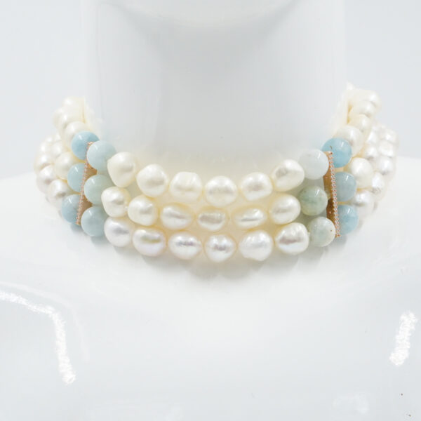 Collana Choker Multifilo con perle barocche, acquamarina, chiusura in argento &ndash; Ros&egrave;