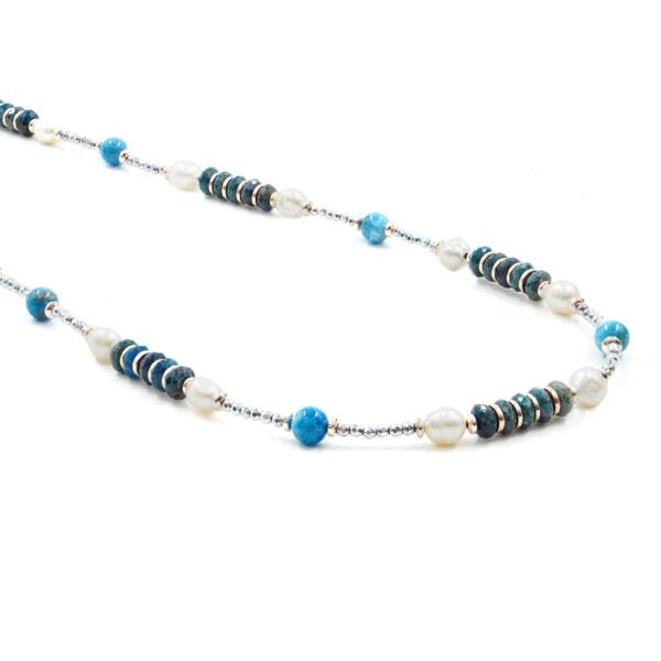 Necklace with hematite, apatite, pearl, sterling silver clasp - Rohodium Color