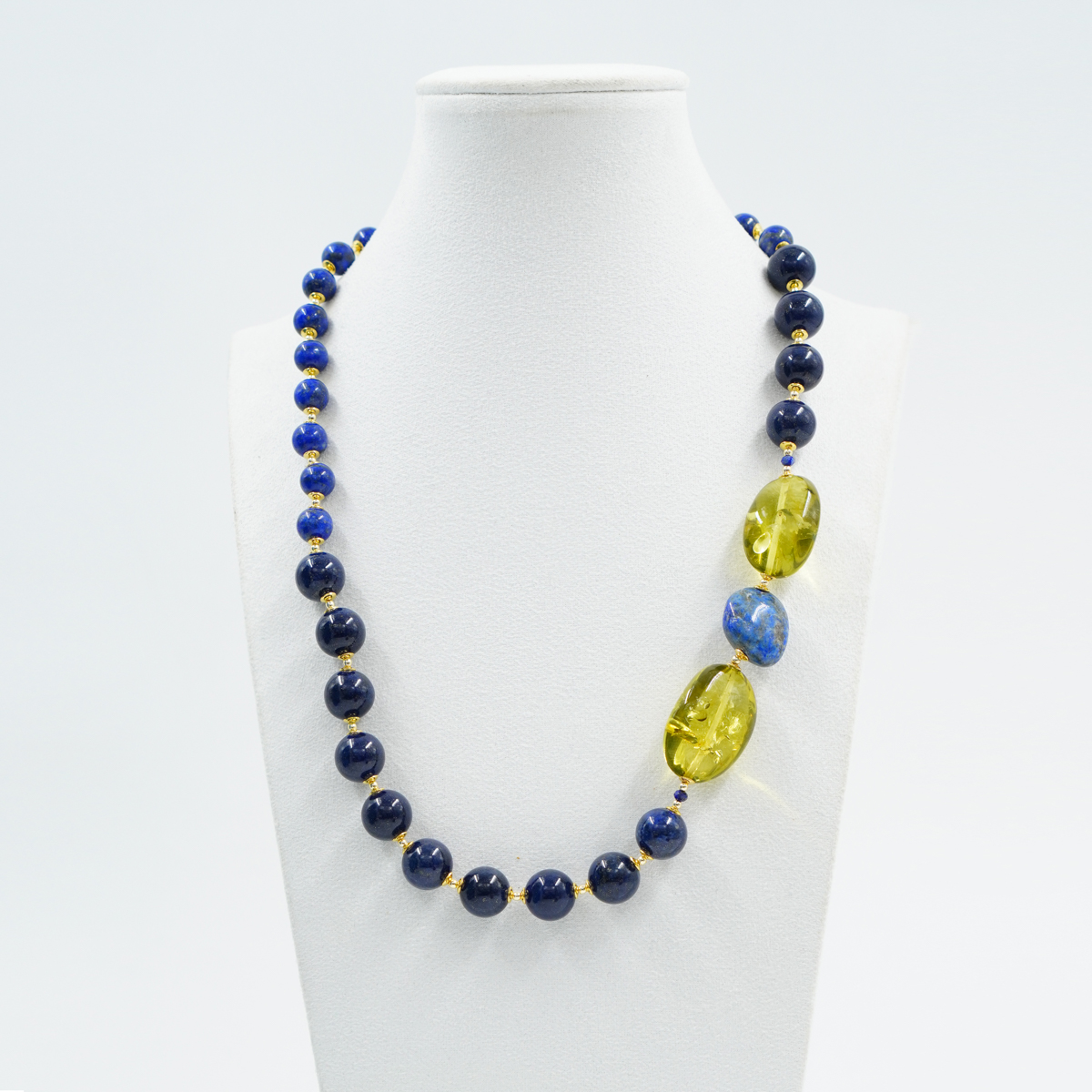 Collana con Lapis, Ambra Verde Colombiana, ematite, chiusura in argento - Dorato