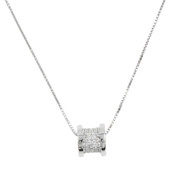 Sterling Silver Necklace with cylinder with zircons – Rhodium Color