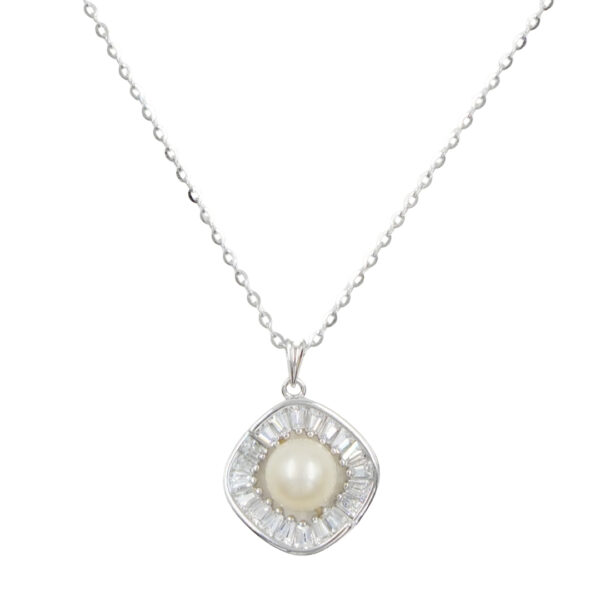 Sterling Silver Necklace with pendant with pearl and zircons – Rhodium Color