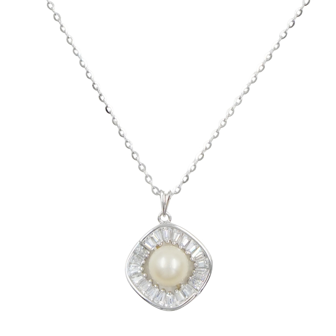 Sterling Silver Necklace with pendant with pearl and zircons – Rhodium Color