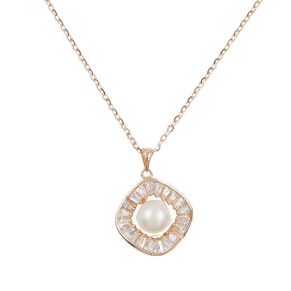 Sterling Silver Necklace with pendant with pearl and zircons – Rose Color